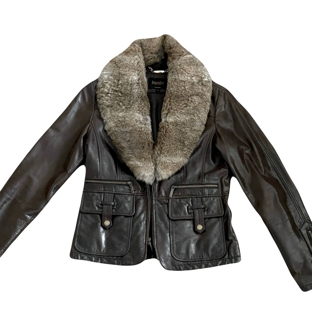 Laundry by Shelli Segal, Brown Leather Jacket with Detachable Fur Collar - Picture 5 of 14